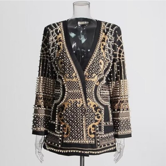 French Beaded Decor Mid Length Blazer Jacket - Picture 6 of 14